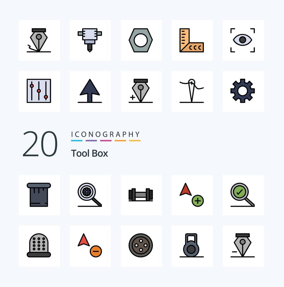 Paquete de iconos de color lleno de línea de 20 herramientas como copiar dedal agregar costura encontrada vector