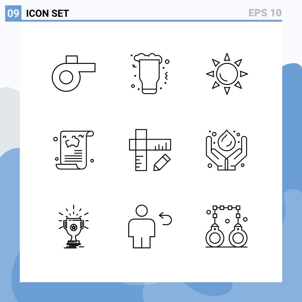 Set of 9 Modern UI Icons Symbols Signs for ruler education beach guide article Editable Vector Design Elements