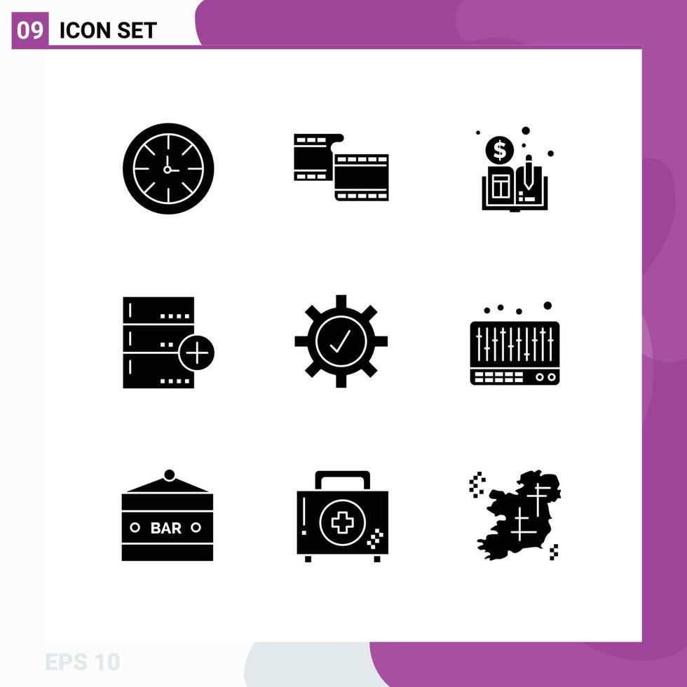 conjunto moderno de 9 glifos y símbolos sólidos, como protección de configuraciones, base de datos distribuida, elementos de diseño vectorial editables vector