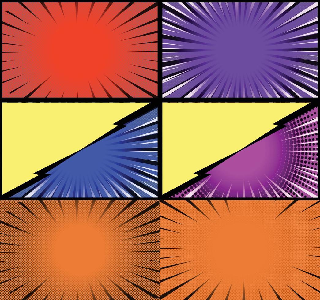 Comic book colorful frames background with halftone rays radial and dotted effects pop art style vector