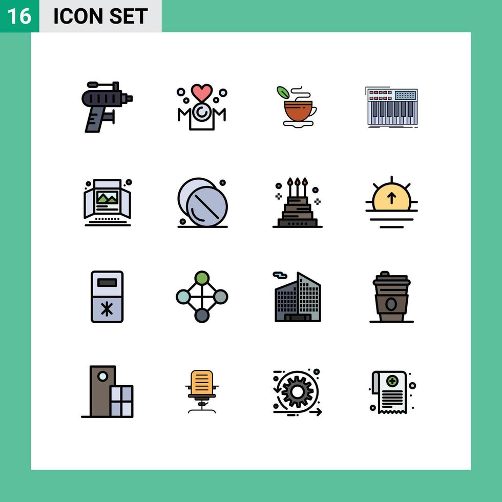 paquete de 16 signos y símbolos modernos de líneas llenas de color plano para medios de impresión web como sintetizador midi madre teclado café elementos de diseño de vectores creativos editables