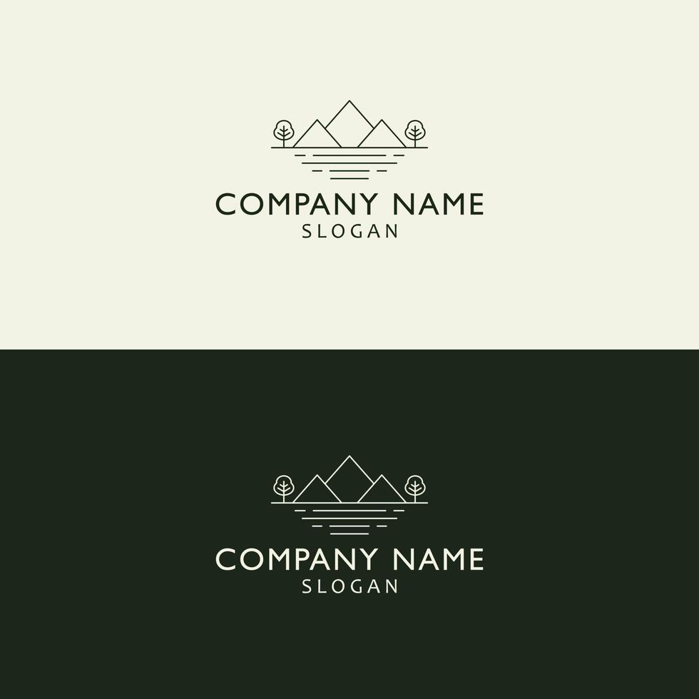 Mountains and trees logo design. Minimalist tourism and hiking vector logo. Camping logo template design - adventure wildlife oak trees forest design