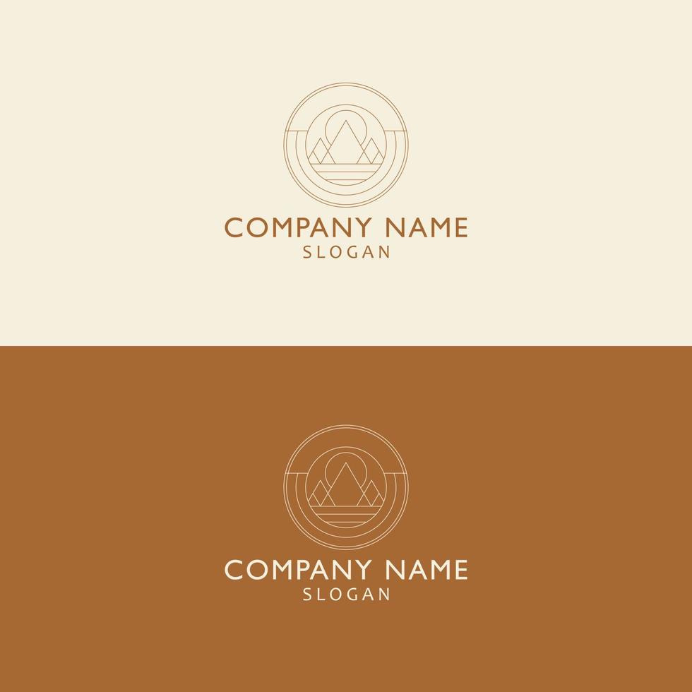 Mountains and sun logo design. Minimalist tourism and hiking vector logo. Camping logo template design - adventure wildlife sunny day design