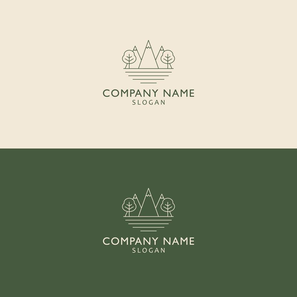 Mountains and trees logo design. Minimalist tourism and hiking vector logo. Camping logo template design - adventure wildlife oak trees forest design