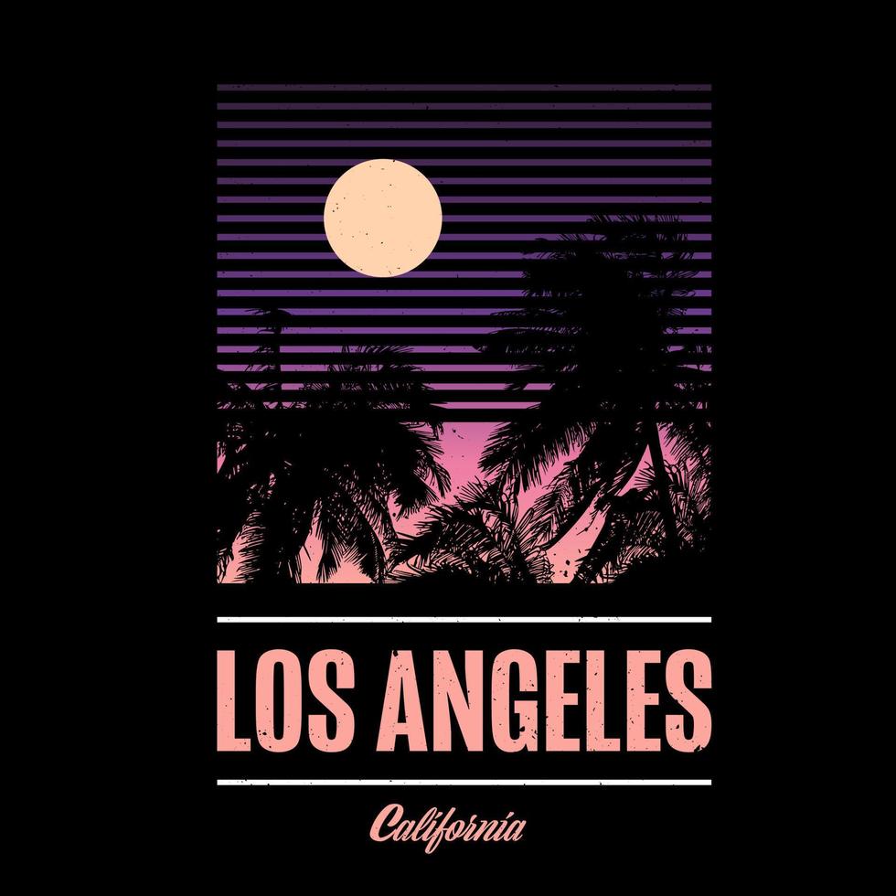 Tshirt graphic with Los Angeles, California. Window with shutter and sunset on gradient sky. Palm trees o the beach. Vinatge 80s Outrun design.Clothin, apparel, textile graphic. vector