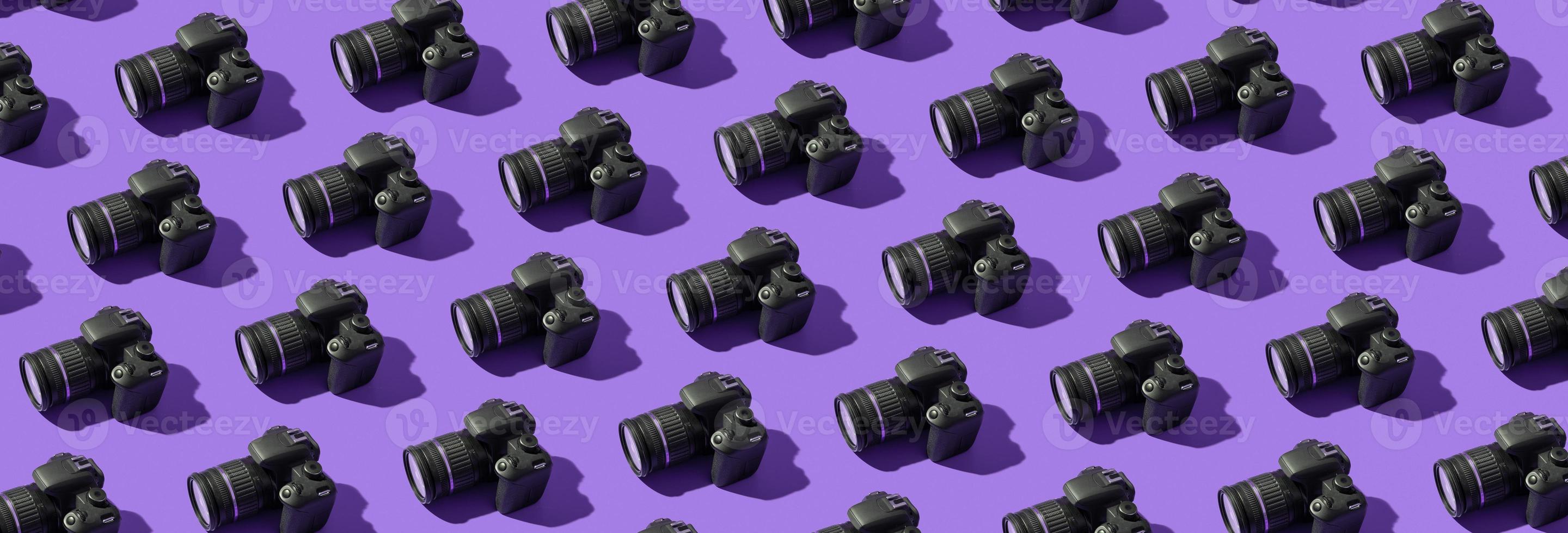 Banner with pattern from photo cameras on colored background. World Photography Day concept
