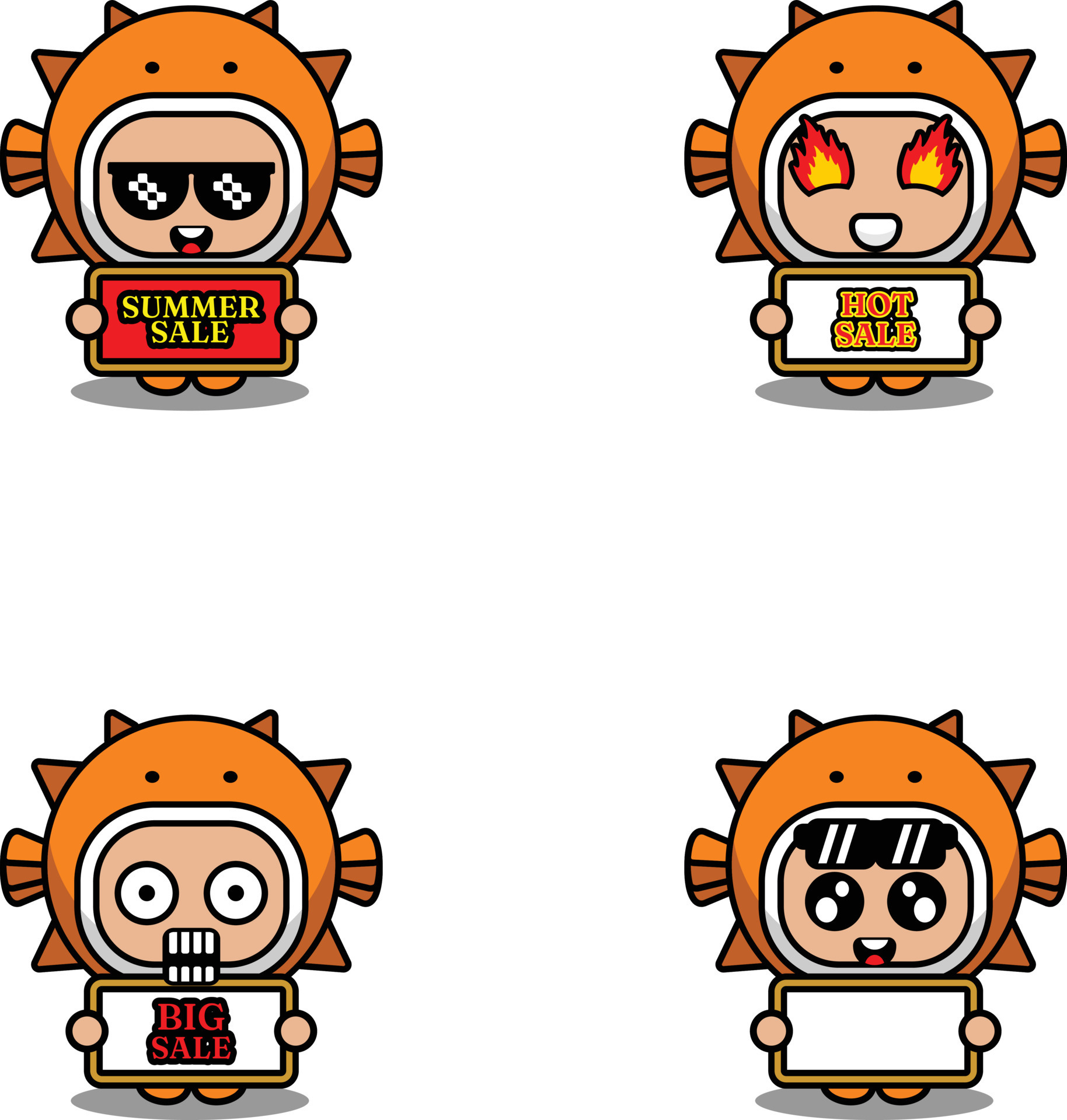 cute cartoon character vector fugu sea animal mascot costume set summer