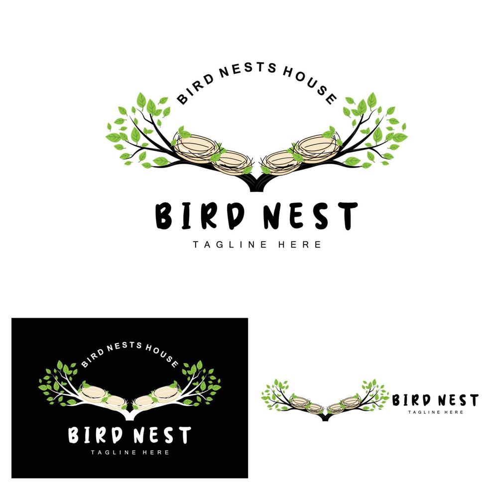 Bird's Nest Logo Design, Bird House Vector For Eggs, Bird Tree Logo Illustration