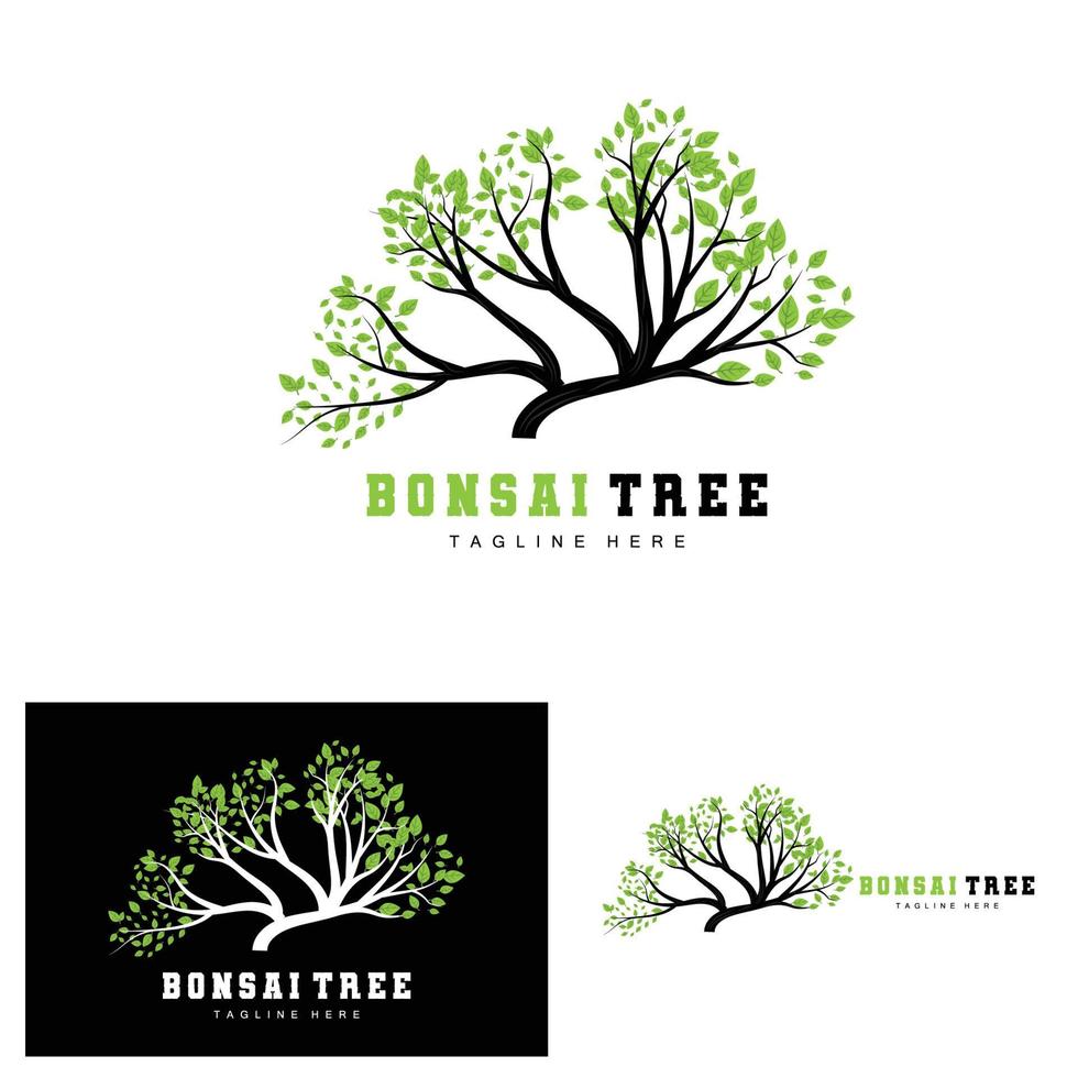 Green Tree Logo Design, Bonsai Tree Logo Illustration, Leaf And Wood Vector