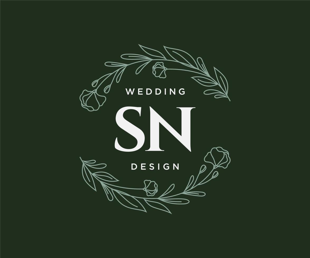 colección de logotipos de monograma de boda con letras iniciales sn, plantillas florales y minimalistas modernas dibujadas a mano para tarjetas de invitación, guardar la fecha, identidad elegante para restaurante, boutique, café en vector