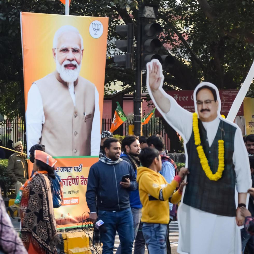 New Delhi, India - January 16 2023 - Prime Minister Narendra Modi cut out during BJP road show, the status of PM Modi while attending a big rally in the capital photo