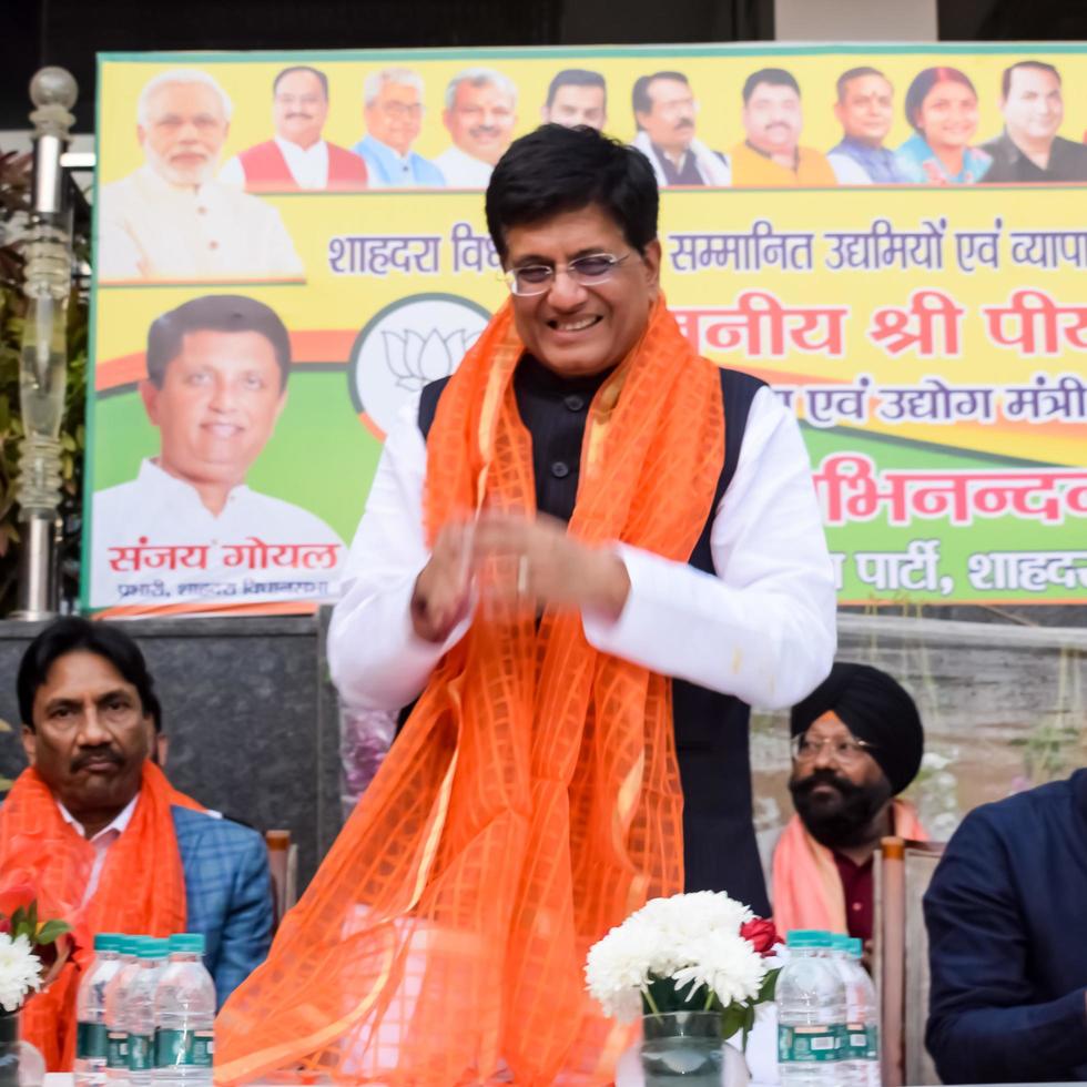 New Delhi, India - November 27 2022 - Piyush Goyal Cabinet Minister and core member of Bharatiya Janata Party BJP during a rally in support of BJP candidate ahead of MCD local body Elections 2022 photo