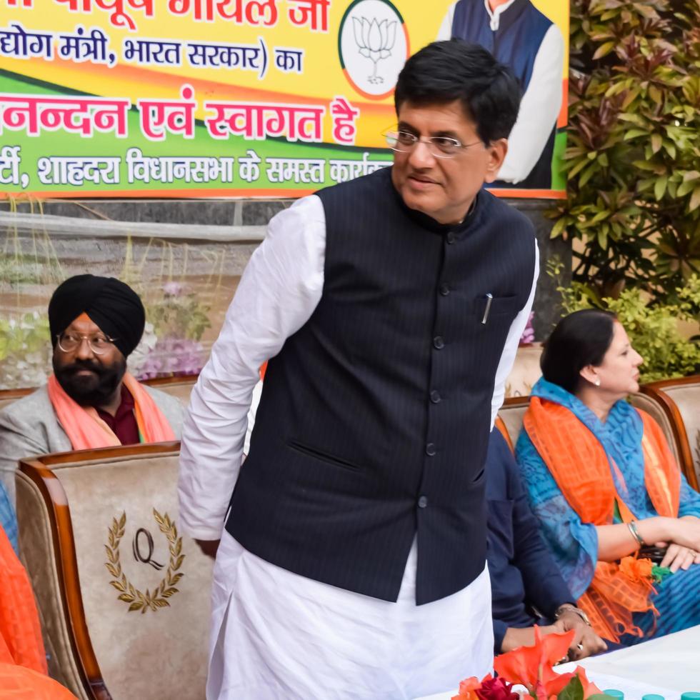 New Delhi, India - November 27 2022 - Piyush Goyal Cabinet Minister and core member of Bharatiya Janata Party BJP during a rally in support of BJP candidate ahead of MCD local body Elections 2022 photo