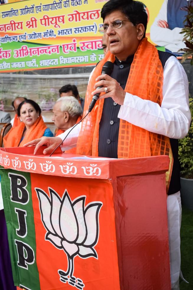 New Delhi, India - November 27 2022 - Piyush Goyal Cabinet Minister and core member of Bharatiya Janata Party BJP during a rally in support of BJP candidate ahead of MCD local body Elections 2022 photo