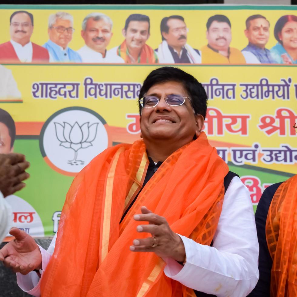 New Delhi, India - November 27 2022 - Piyush Goyal Cabinet Minister and core member of Bharatiya Janata Party BJP during a rally in support of BJP candidate ahead of MCD local body Elections 2022 photo