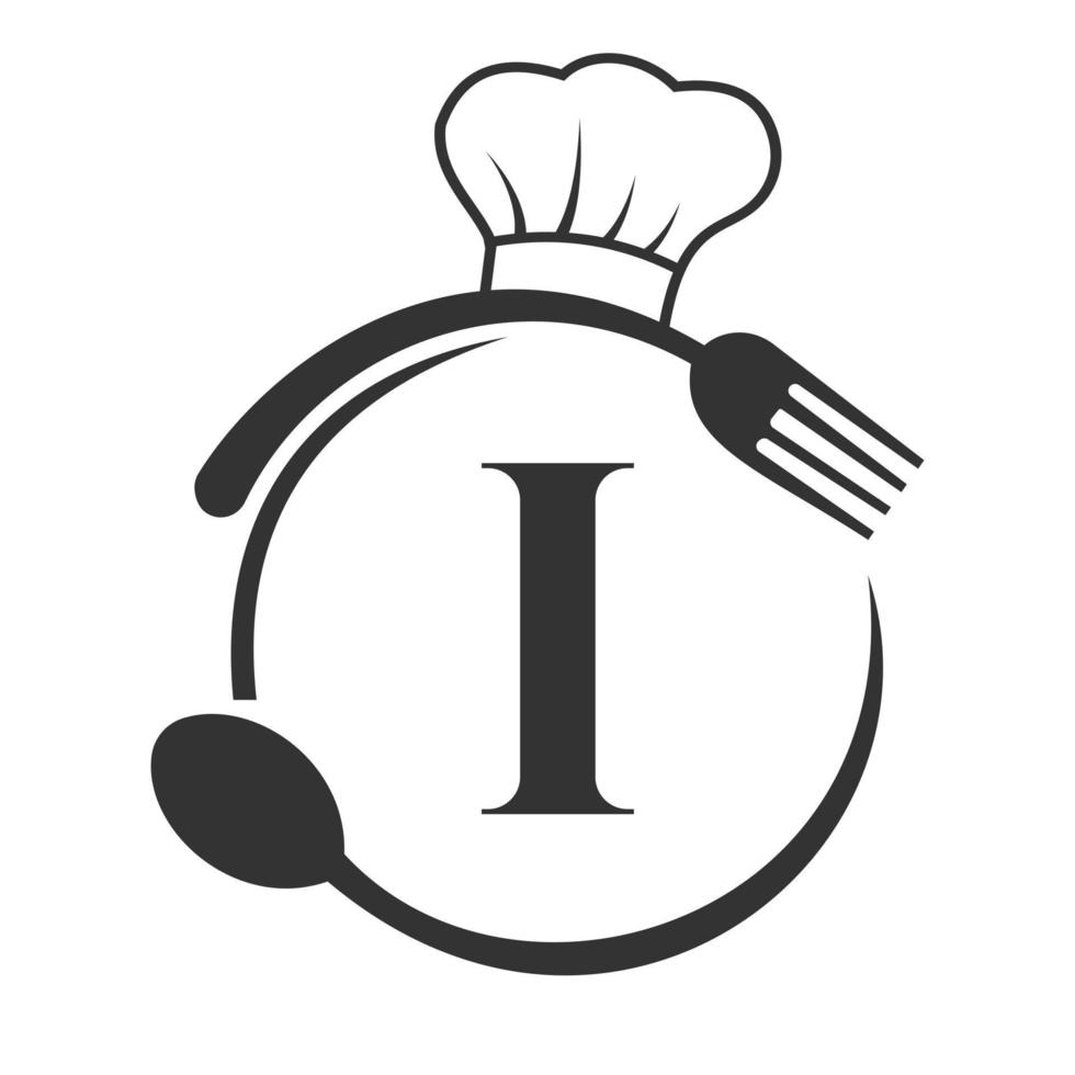 logotipo del restaurante en el concepto de letra i con sombrero de chef, cuchara y tenedor para el logotipo del restaurante vector