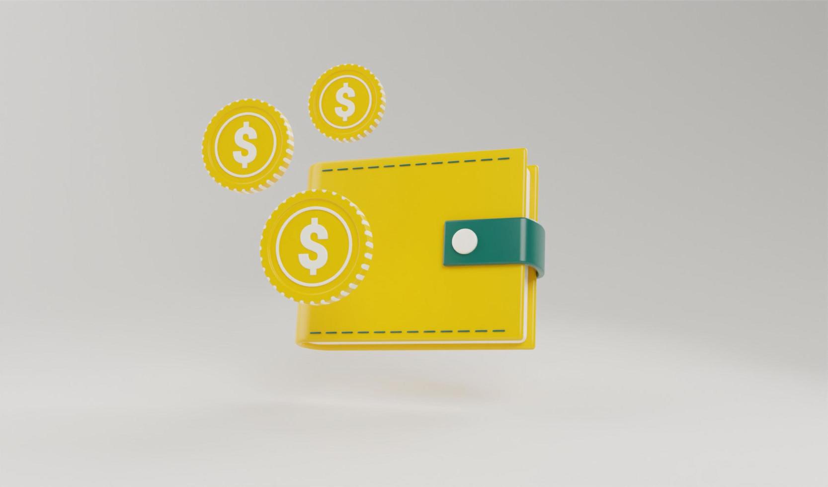 Cartera de representación 3d con ahorro de dinero, factura, pila de monedas flotantes e ilustración del concepto de tarjeta de crédito foto