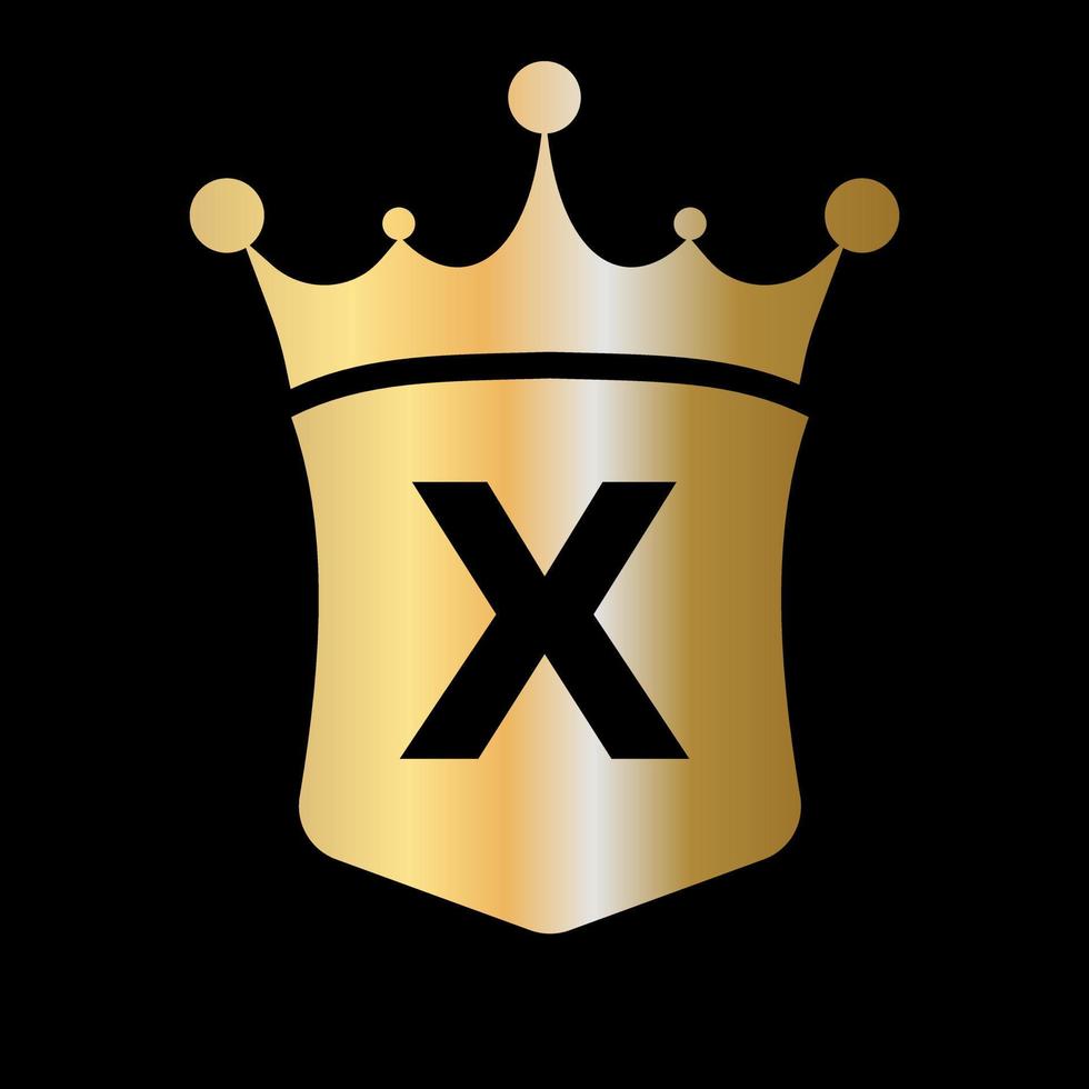 plantilla de vector de logotipo de corona y escudo de letra x con símbolo de concepto de lujo