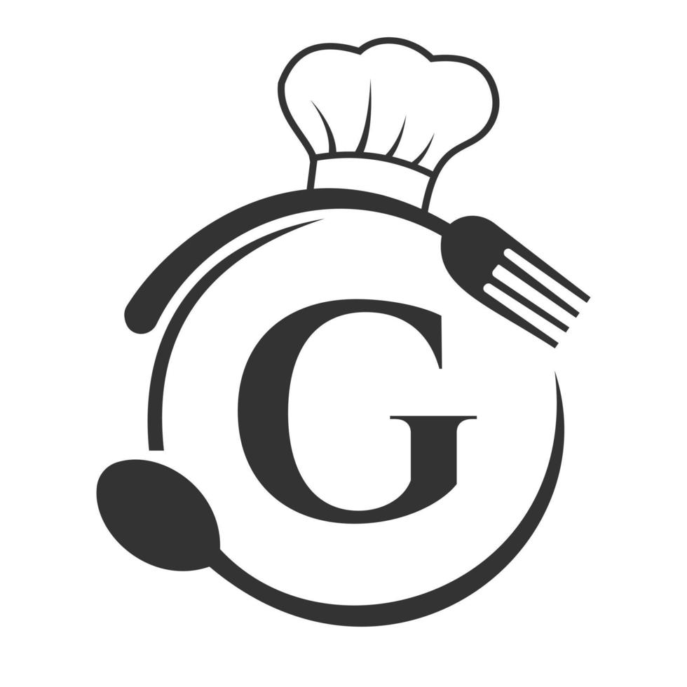 logotipo del restaurante en concepto de letra g con sombrero de chef, cuchara y tenedor para el logotipo del restaurante vector