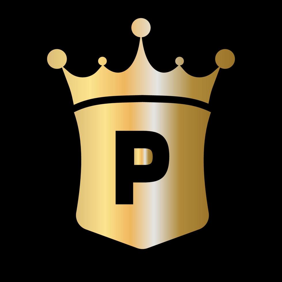 plantilla de vector de logotipo de corona y escudo de letra p con símbolo de concepto de lujo