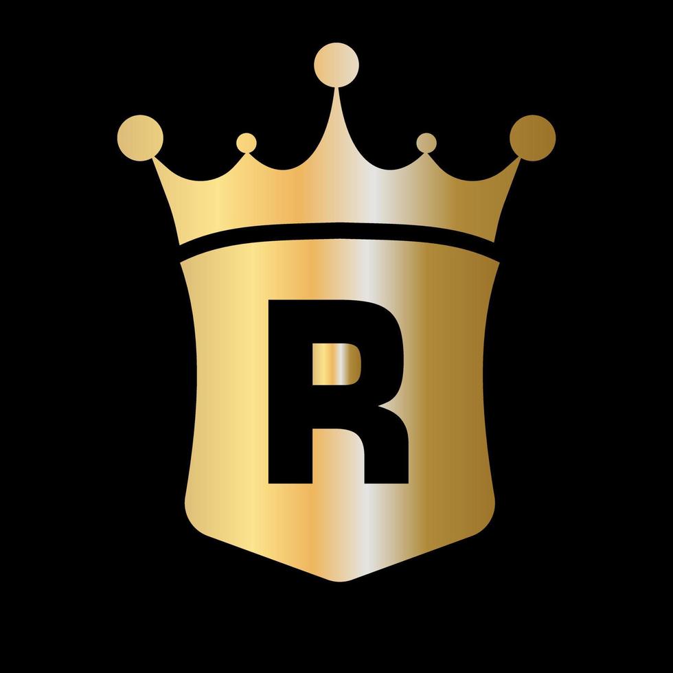 plantilla de vector de logotipo de corona y escudo de letra r con símbolo de concepto de lujo