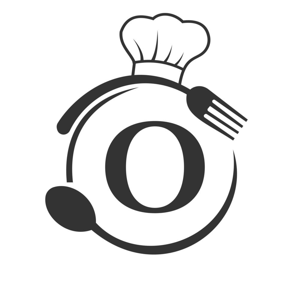 logotipo del restaurante en el concepto de letra o con sombrero de chef, cuchara y tenedor para el logotipo del restaurante vector