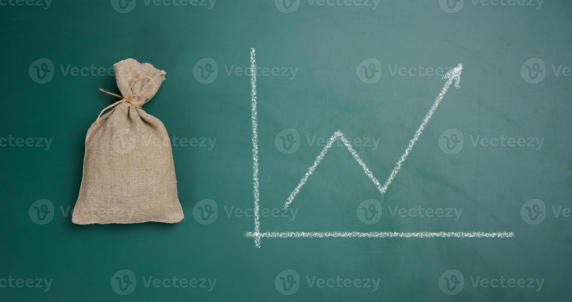A full canvas bag and a graph drawn in chalk on a green board. Growth of incomes, receipt of subsidies, increase in income photo