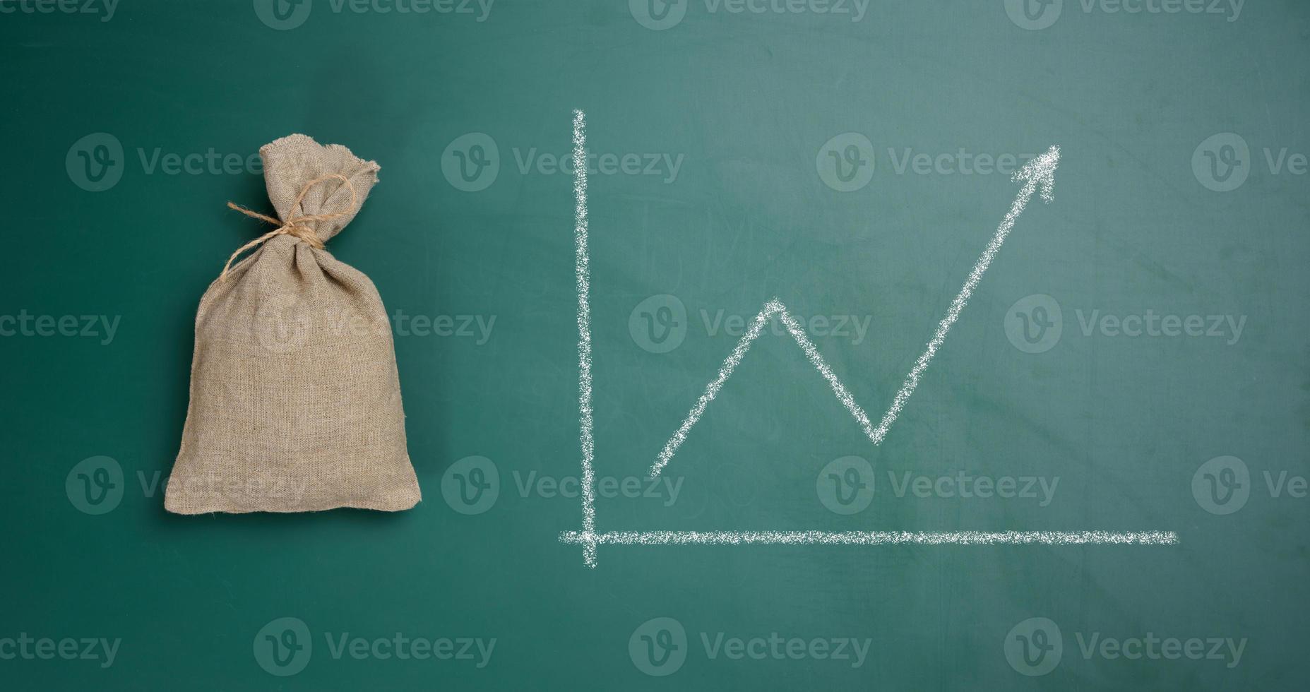 una bolsa de lona llena y un gráfico dibujado con tiza en una pizarra verde. crecimiento de los ingresos, recepción de subsidios, aumento de los ingresos foto