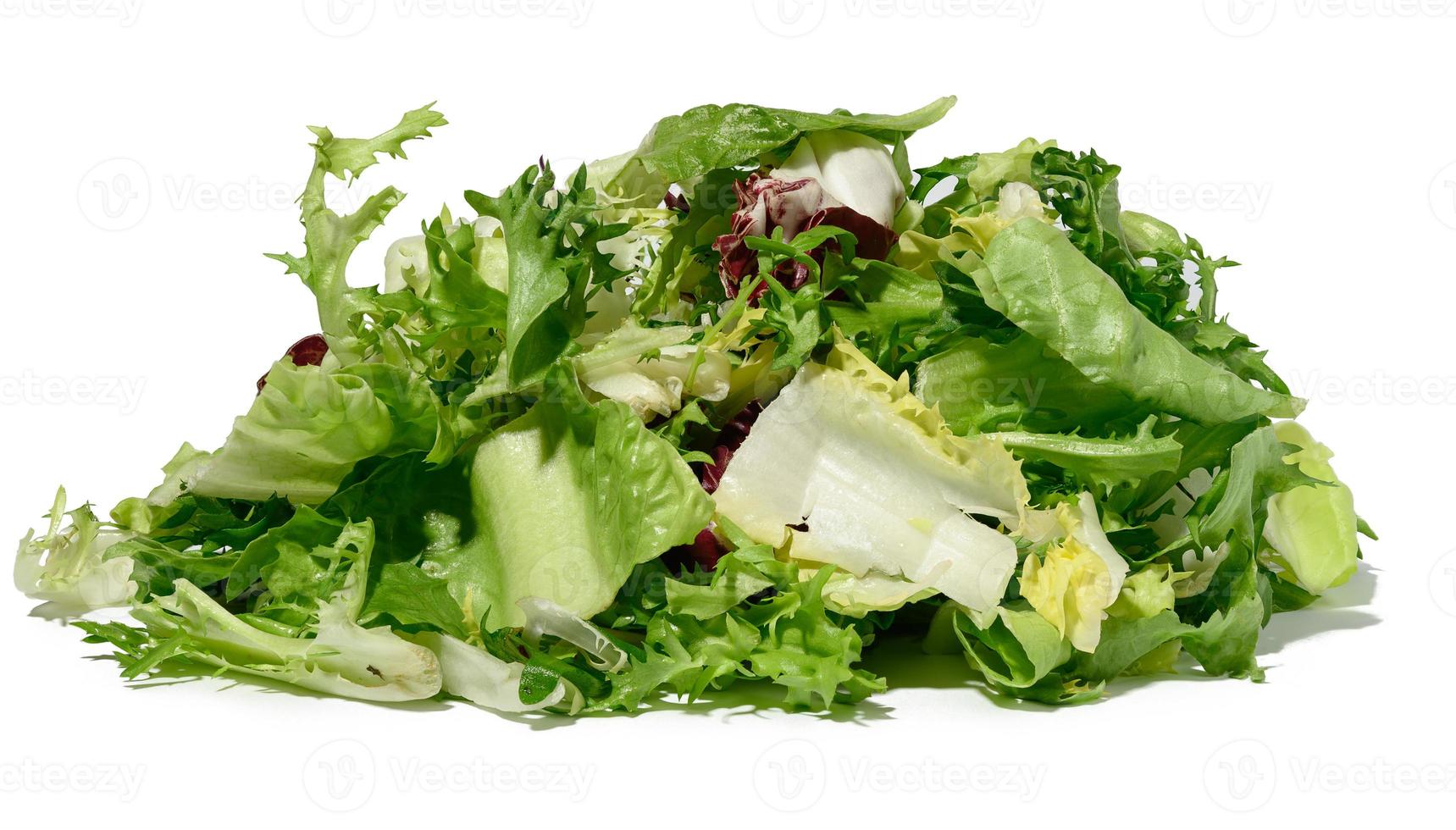 Mix of lettuce leaves escariole, frisee, radicchio, arugula on a white isolated background, dietary healthy food. photo