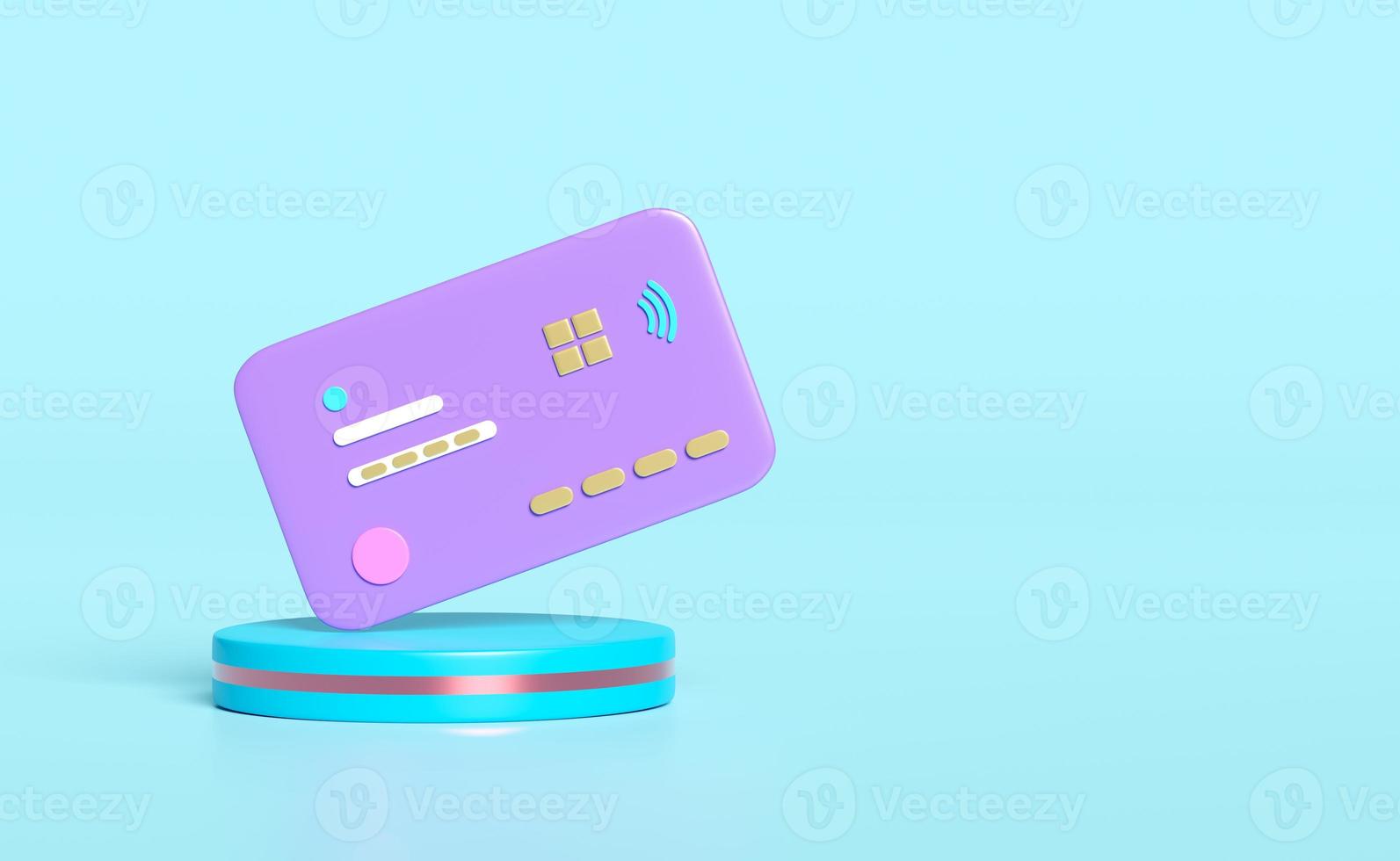 3d credit card with stage podium isolated on blue background. saving money wealth business, cashback money refund concept, 3d render illustration, include clipping path photo