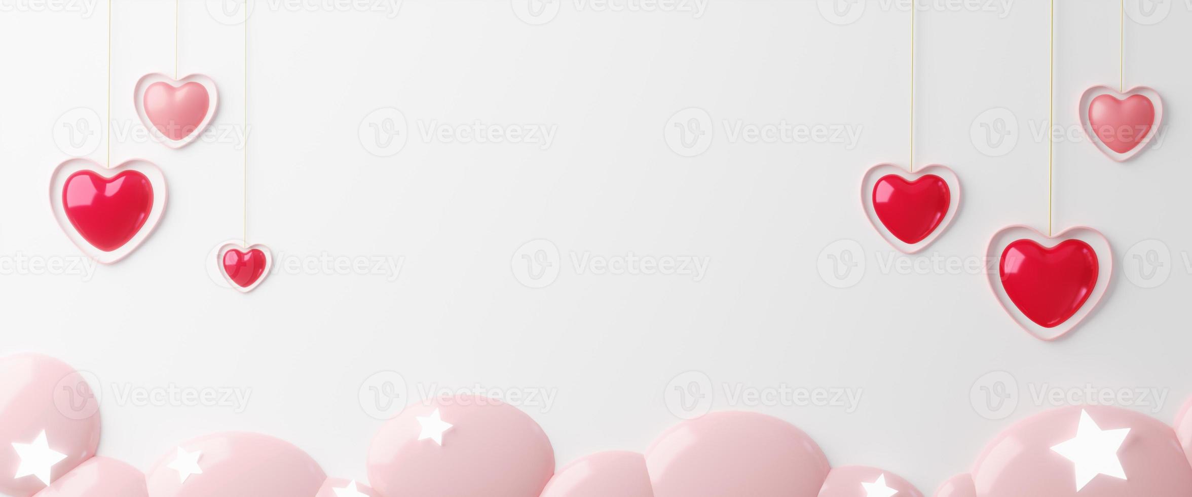 3d rendering.Valentines Day banner with heart shaped balloons hanging on cloud. Holiday illustration banner. for valentine and mother day design photo