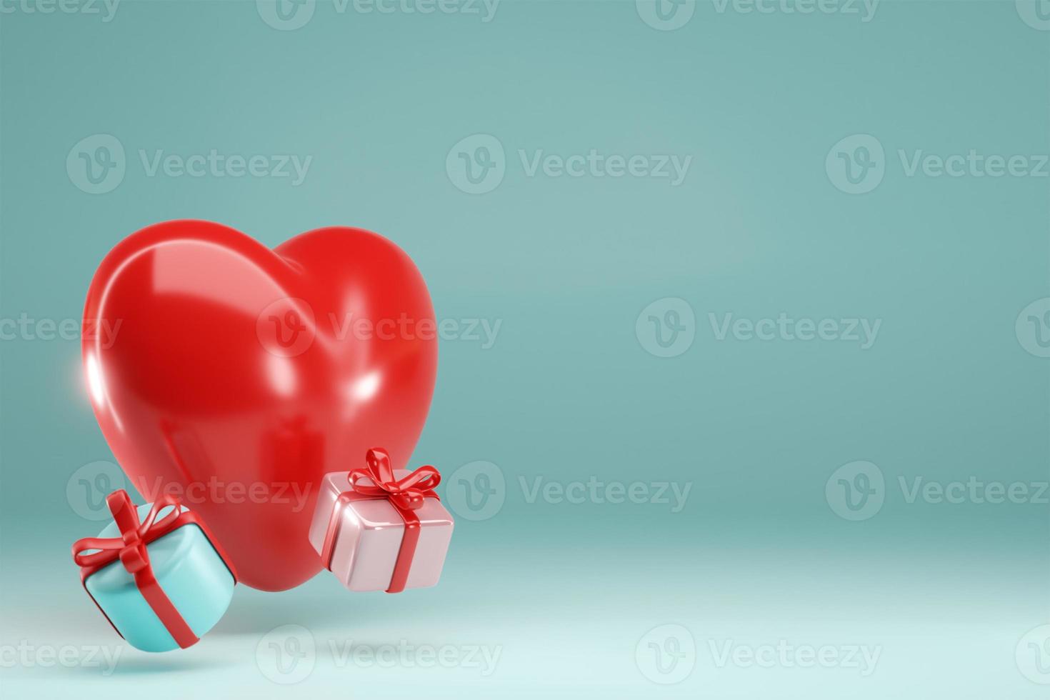 3d rendering. Red heart balloon and gift box on blue color background. Design for valentine day design photo