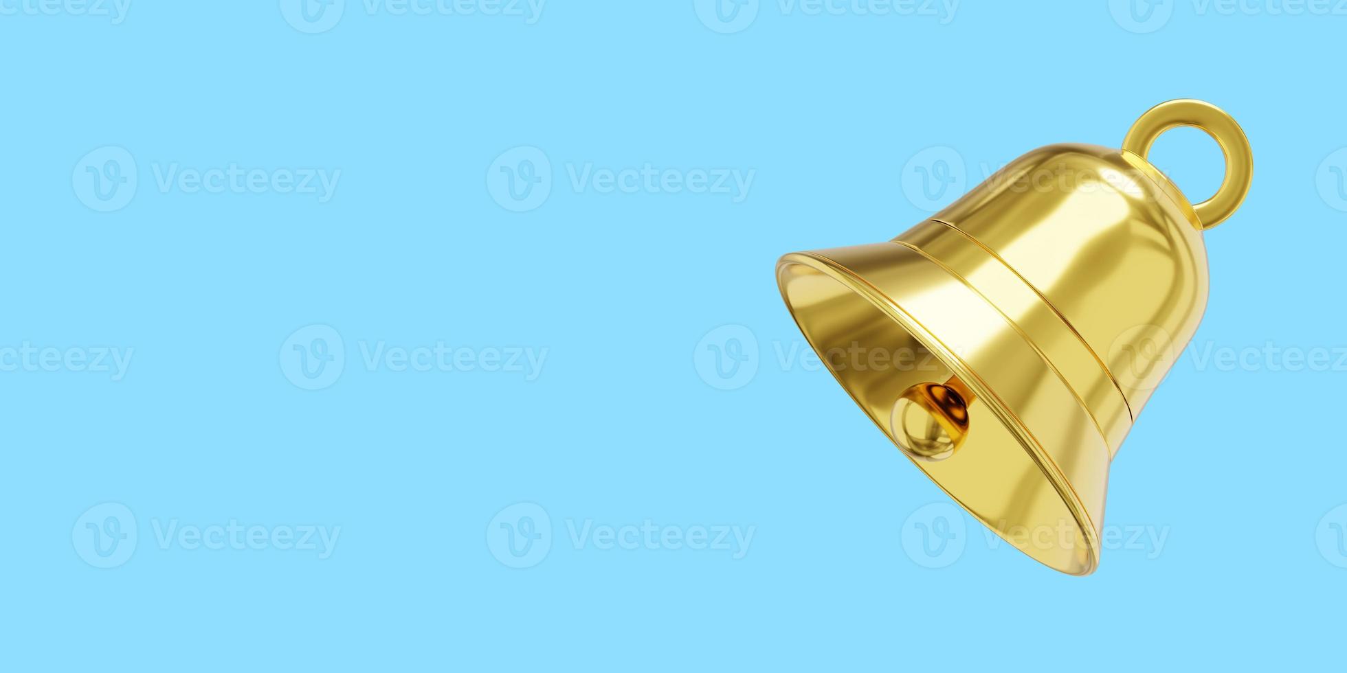 Bell metal gold, notification symbol. 3D rendering. Icon on blue background, space for text. photo