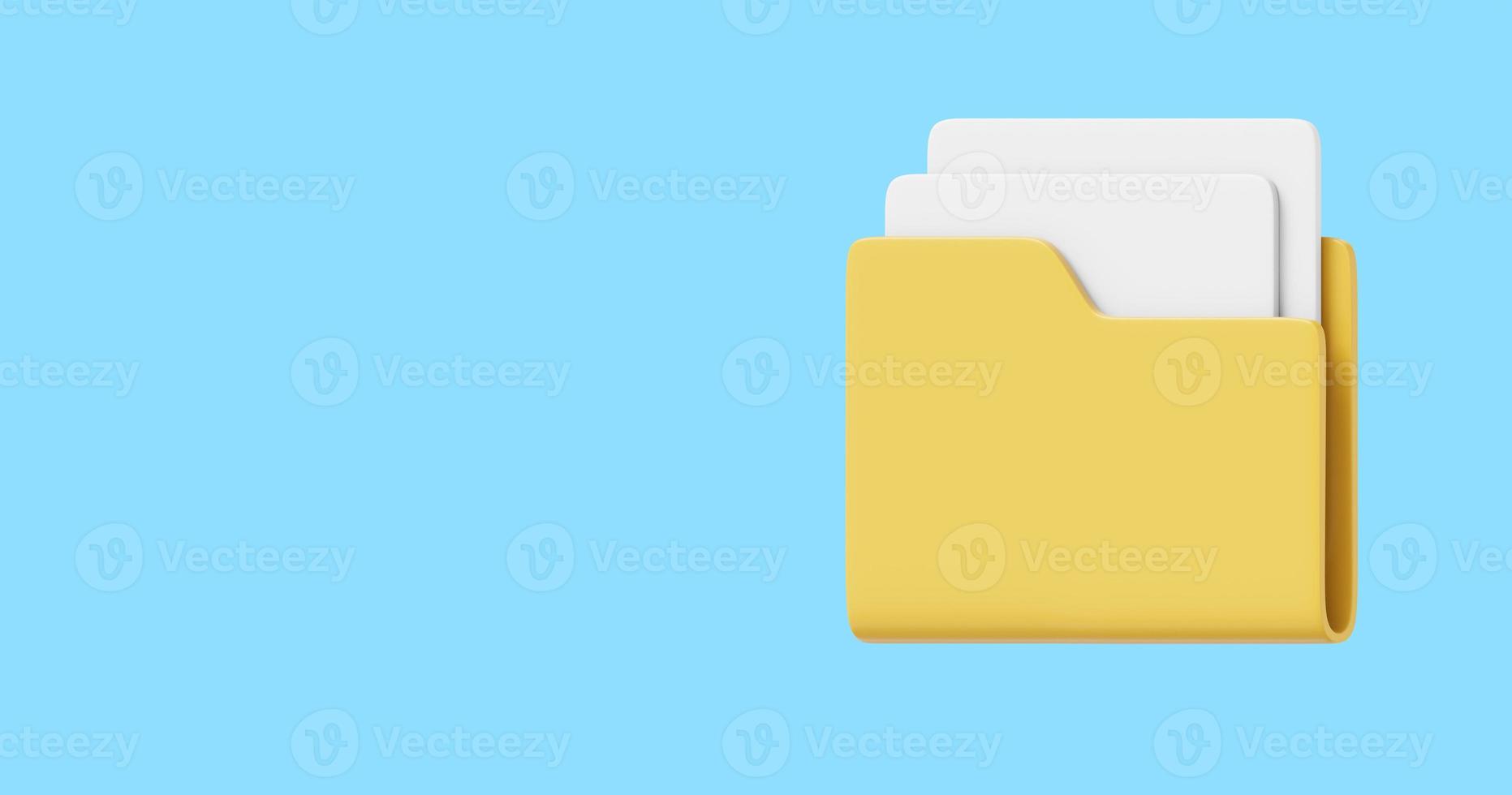 Computer folder with sheets of paper, files, interface element, side view. 3D rendering. Icon on blue background, space for text. photo