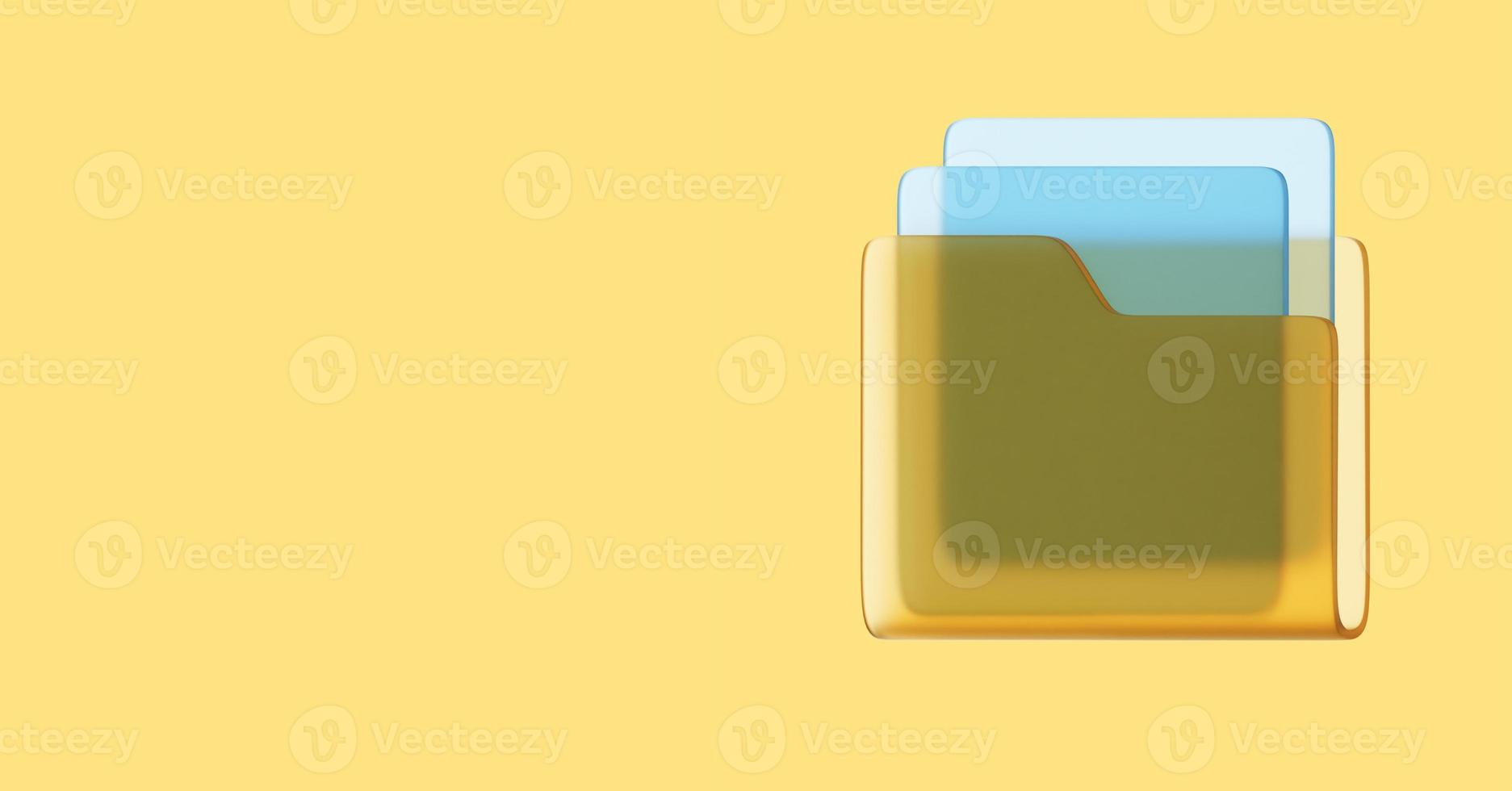 Glass computer folder with sheets of paper, files, interface element, side view. 3D rendering. Icon on yellow background, space for text. photo