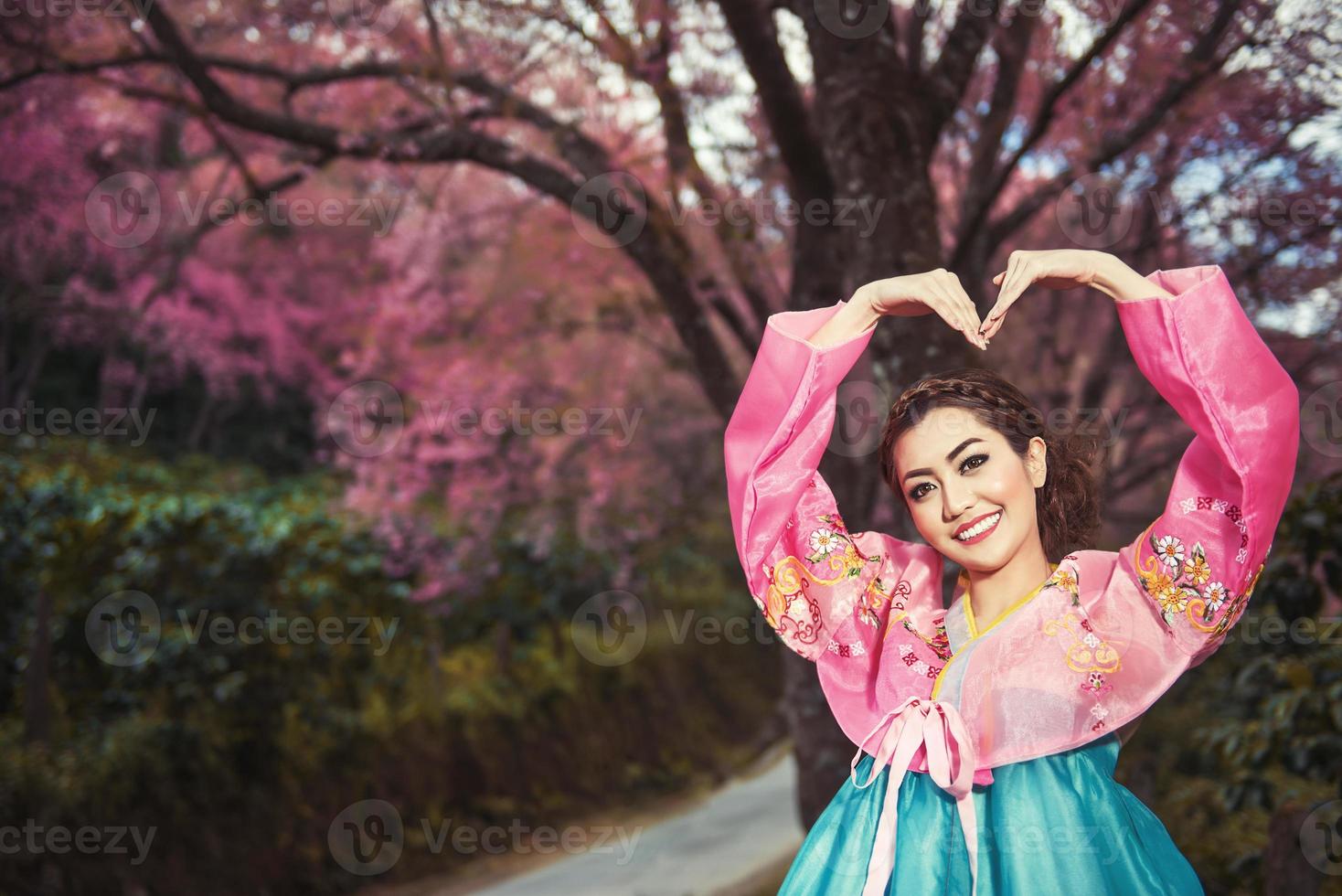 Hanbok, the traditional Korean dress and beautiful Asian girl with sakura photo