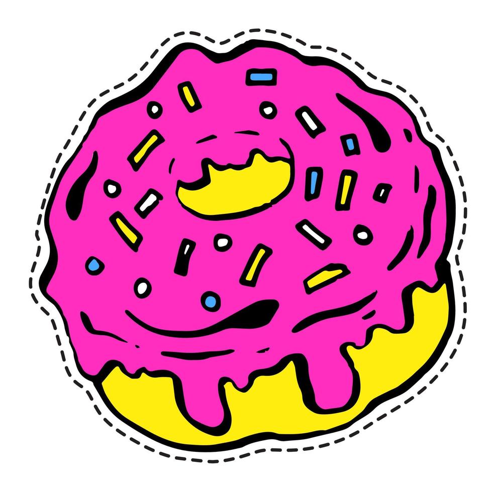 Tasty donut with toping, fast food sticker icon vector