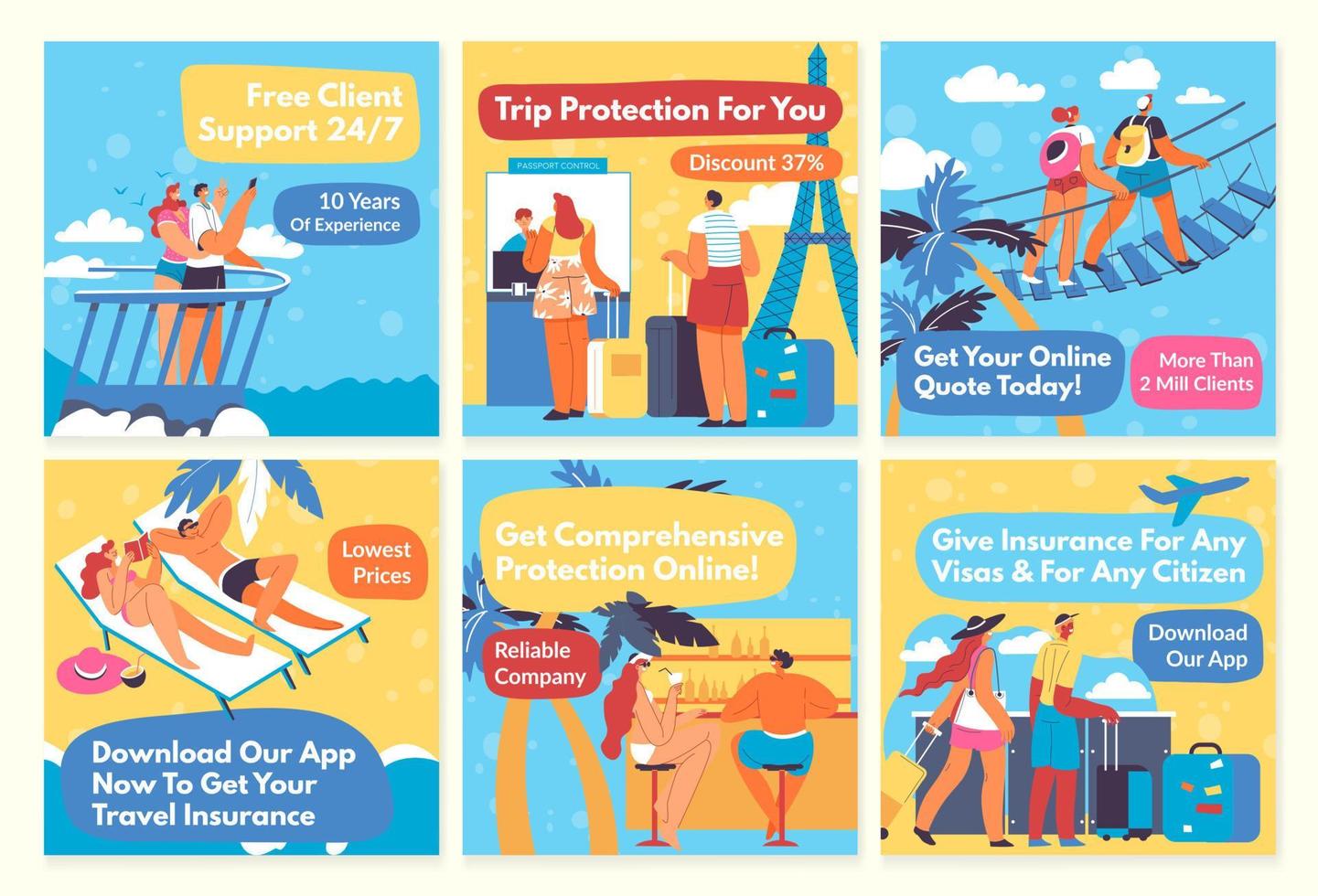 Travel insurance advertising at network post set 17738897 Vector Art at