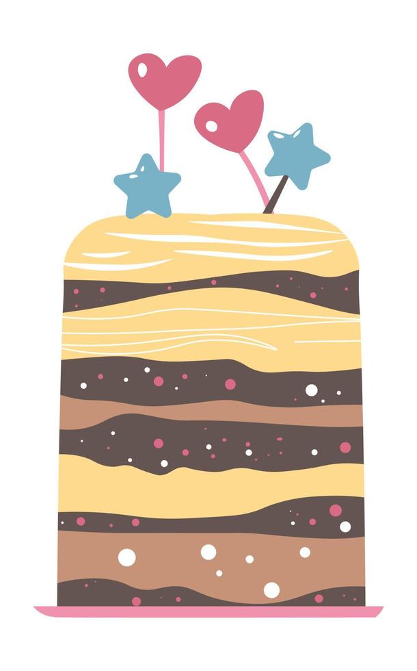 Cake with hearts and stars decor, tasty dessert vector