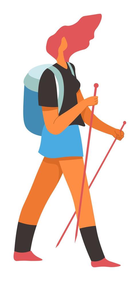 mujer caminando con bastón de trekking para vector de senderismo