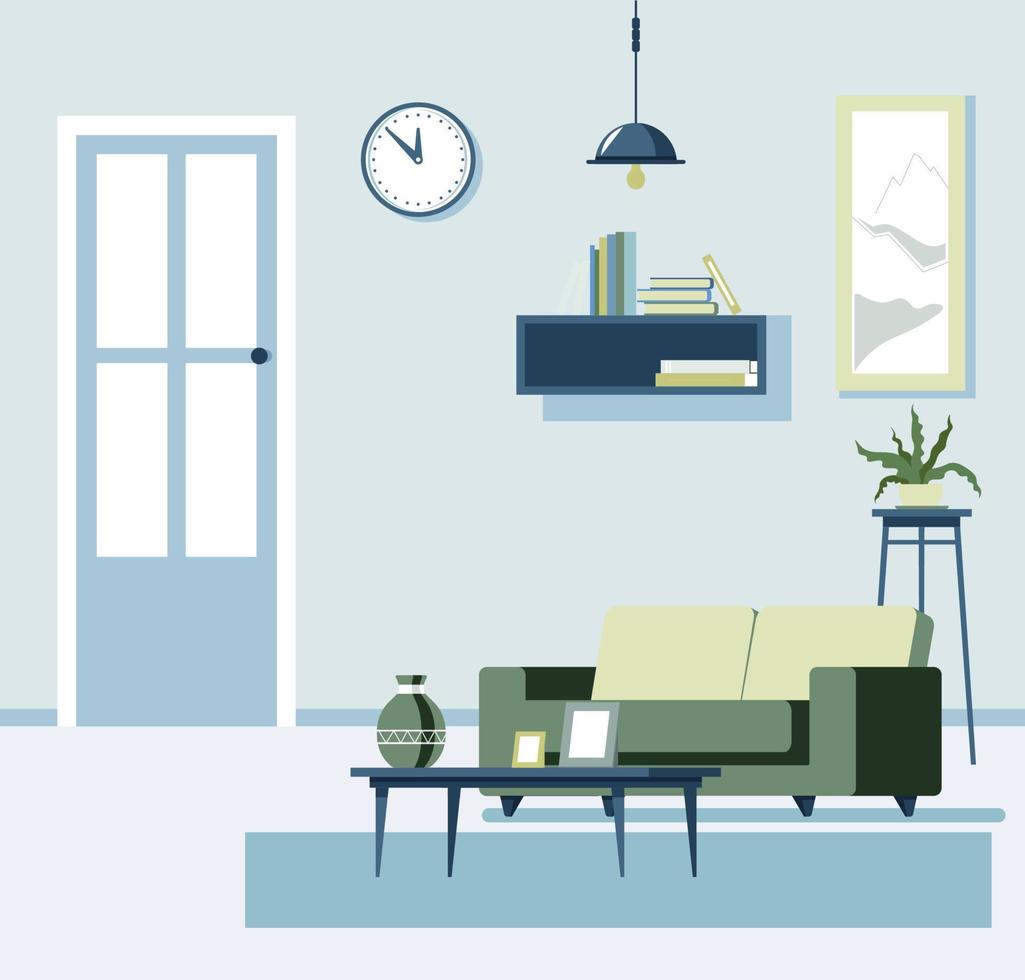 Living room interior design, furniture shop vector