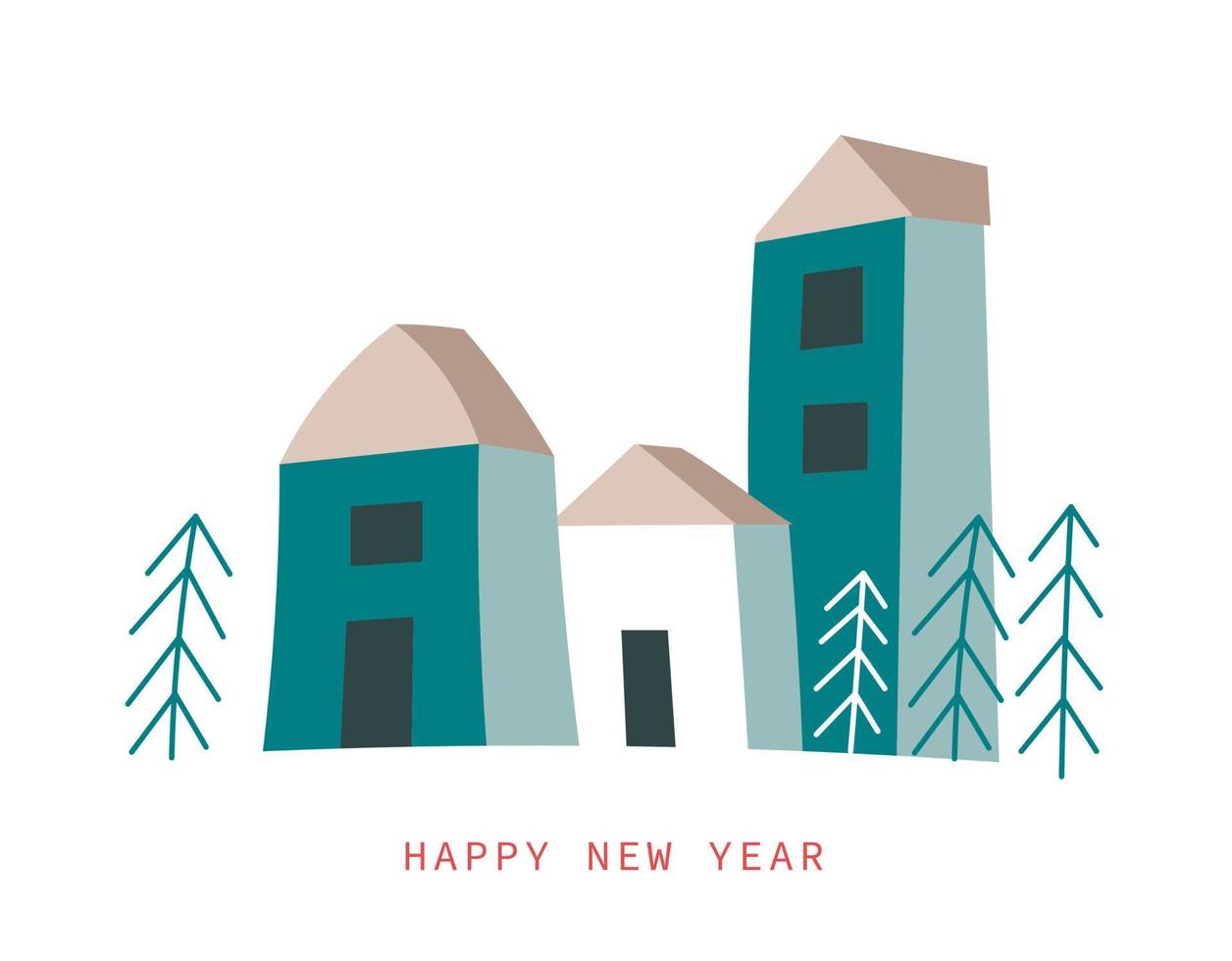 Happy new year, street with buildings and trees vector