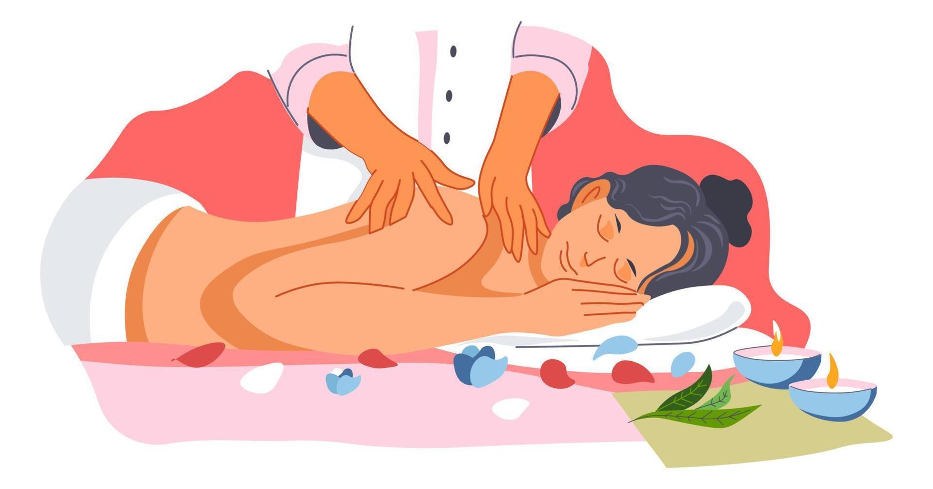 Back massage in spa salon, skincare treatment vector