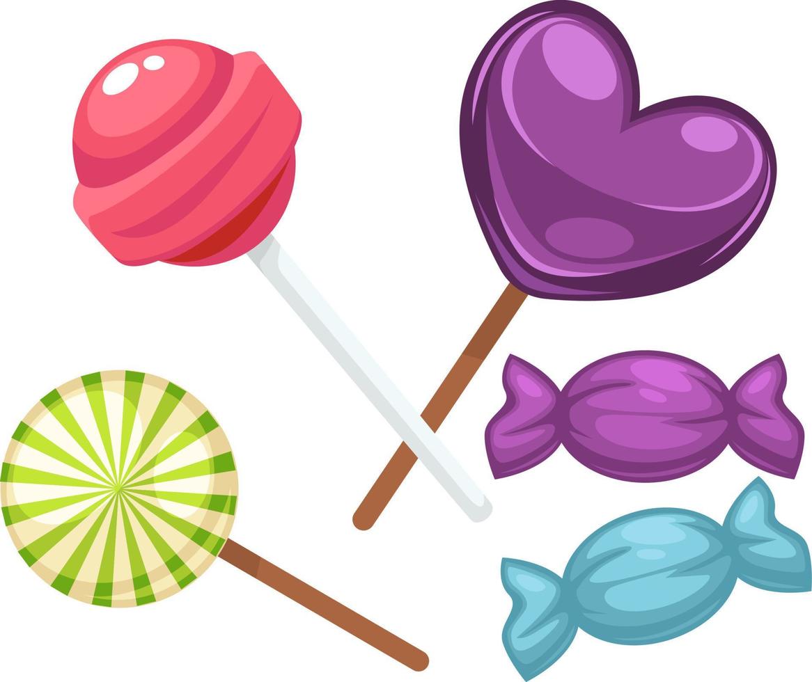 caramelos de piruleta, dulces y juego de caramelo de postre vector