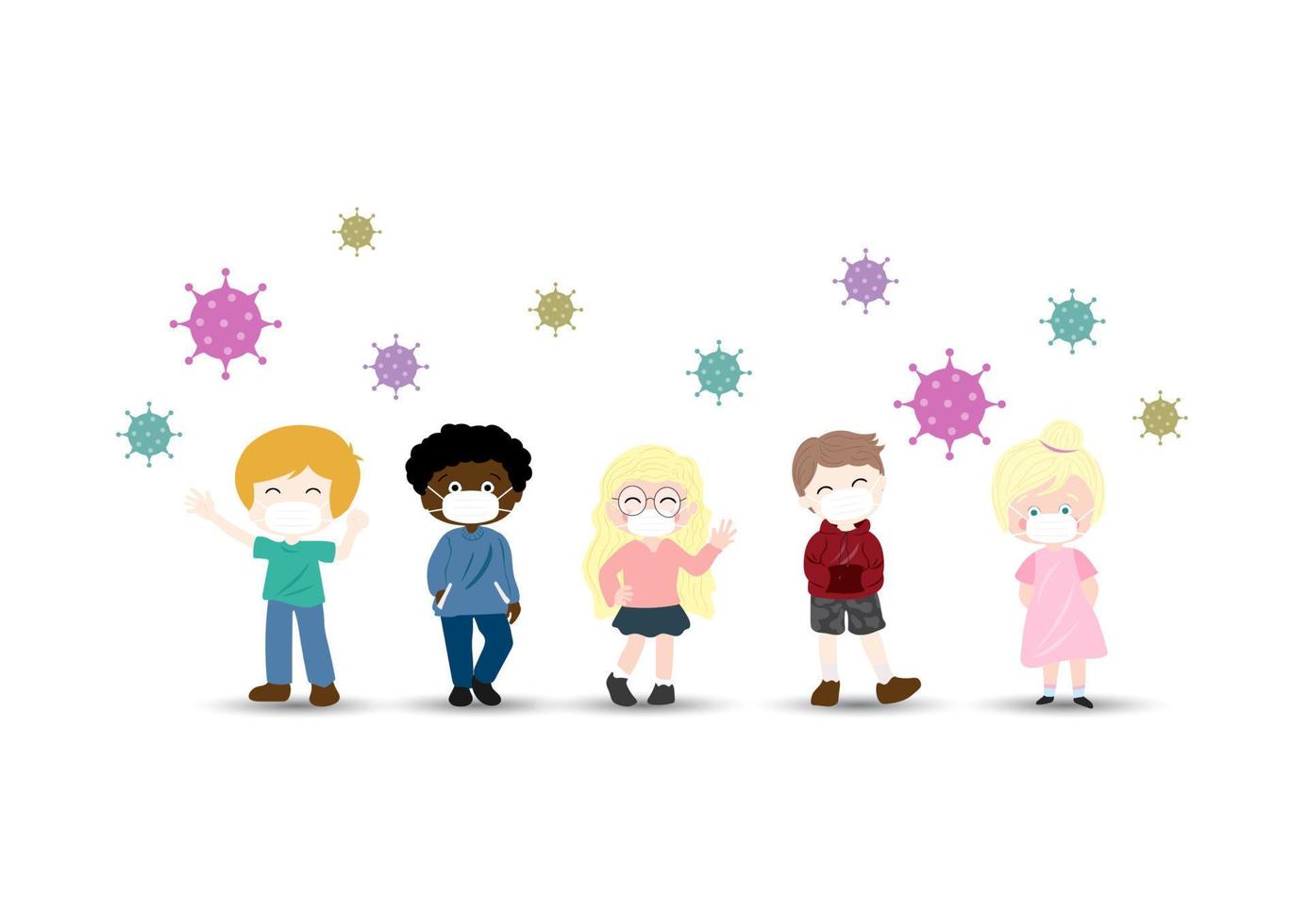 Group of international children children wear a mask for protection from virus standing with colorful symbols of virus on white background. vector