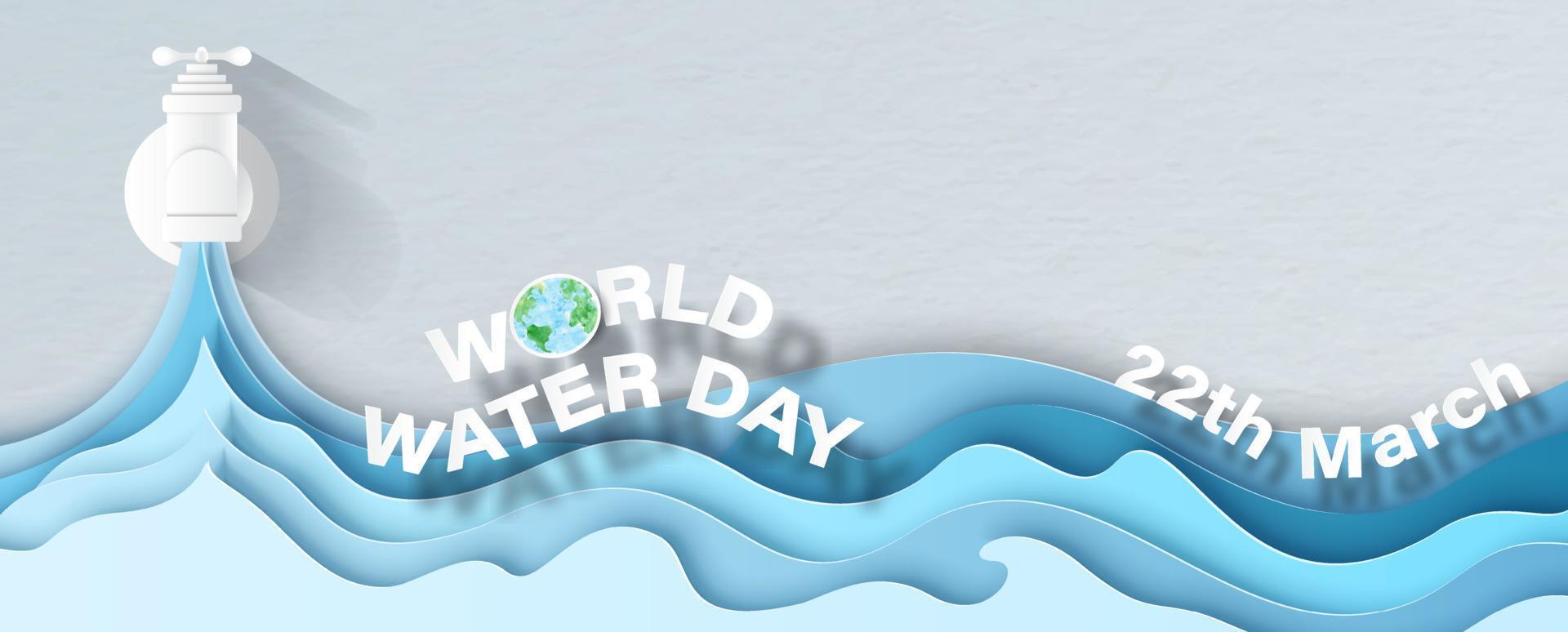 Front view of water tap with blue layer of water shape, the day and name of event with space for texts on white paper pattern background. All in paper cut style and banner vector design.