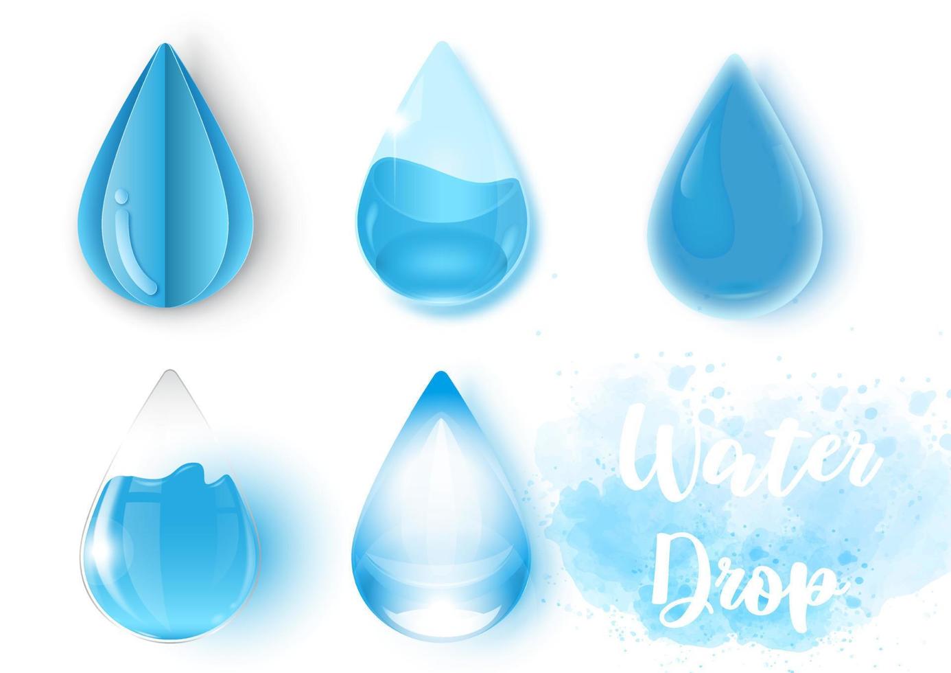 conjunto de gotas de agua en vidrio y estilo de corte de papel con letras de gota de agua sobre fondo de patrón de acuarela azul. vector