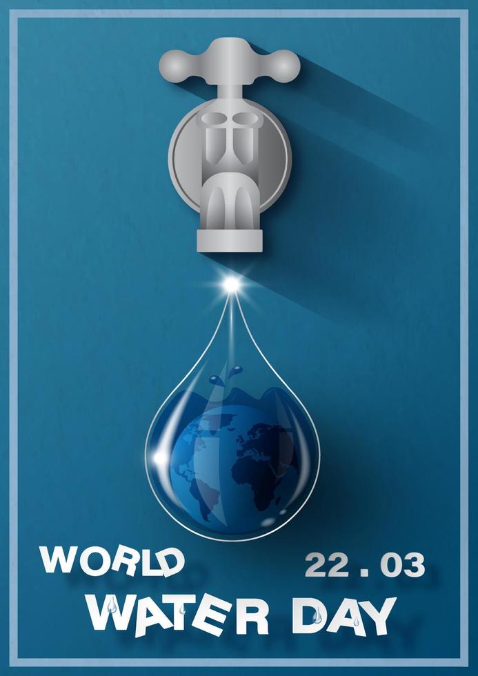 Front view of water tap and world water day letters in paper cut style  with global water droplet in glass style on navy blue paper pattern background. vector