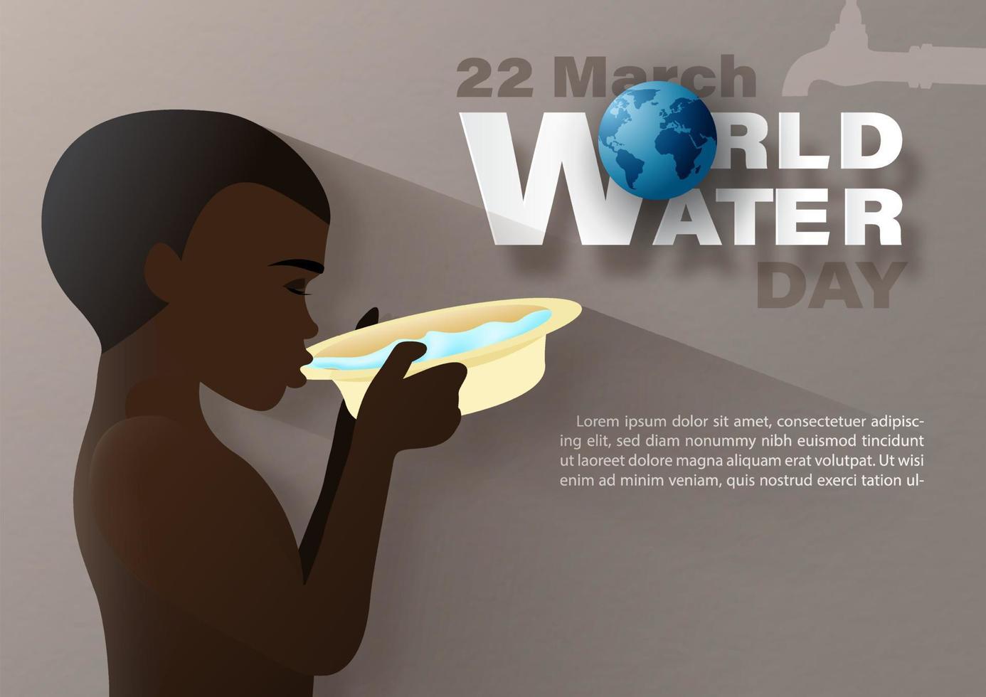 niño africano bebiendo agua del golpe con la redacción del día mundial del agua, textos de ejemplo sobre fondo de patrón de papel gris. . campaña de afiches del día mundial del agua en estilo de corte de papel y diseño vectorial. vector