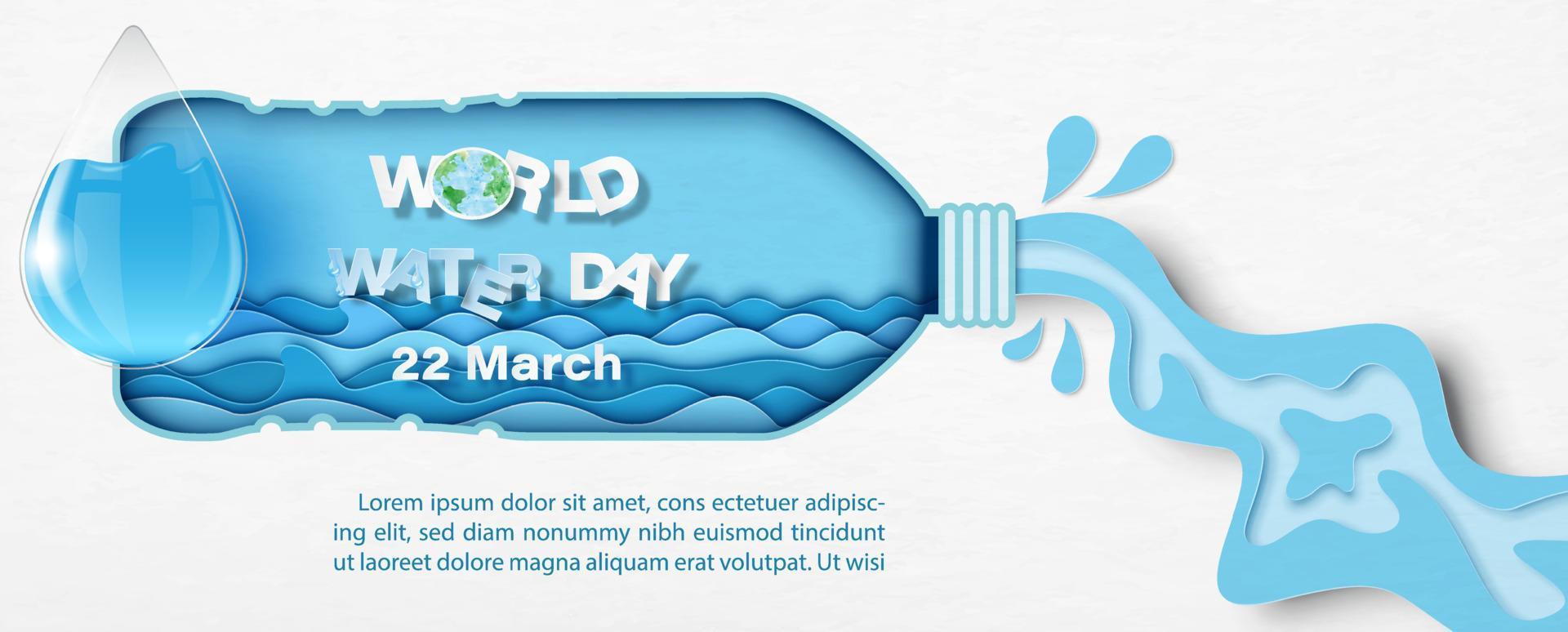 Water droplet in glass style with the day and name of event on water and bottle shape isolate on white paper pattern background. World water day's poster campaign in paper cut style and vector design.